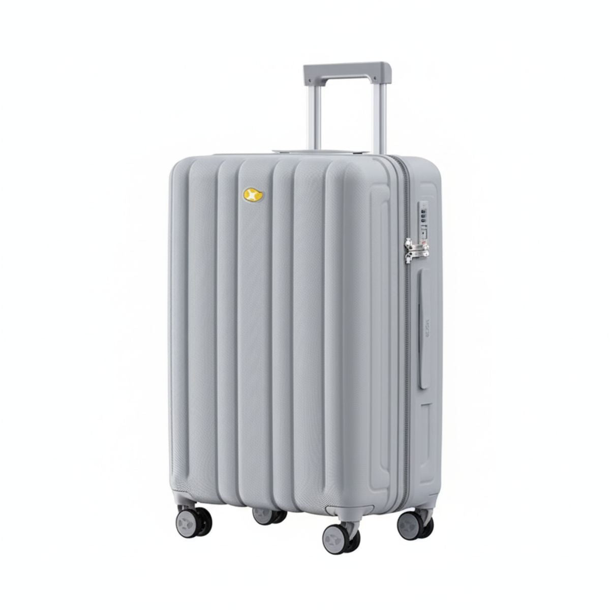 Gray suitcase with a visible brand logo on a white background