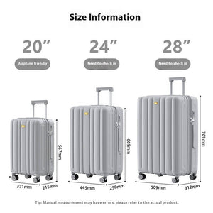 Three gray suitcases with measurements and size information on a white background