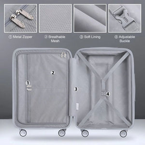 Gray suitcase with features highlighted on a gray background