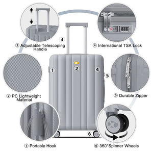 Gray suitcase with features highlighted on a white background