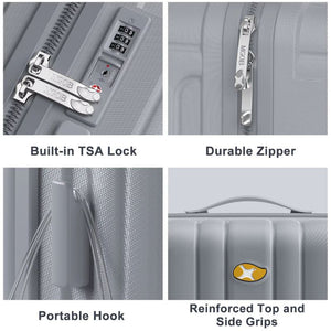 Gray suitcase with features highlighted: built-in TSA lock, durable zipper, portable hook, and reinforced top and side grips.