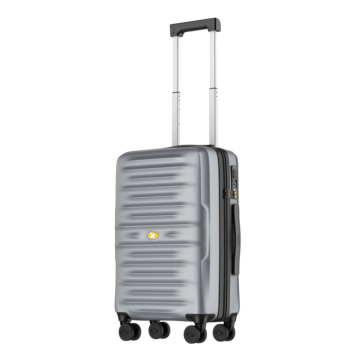 Silver suitcase with wheels and handle on a white background