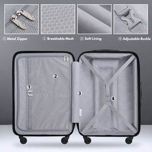 Gray suitcase with features highlighted on a gray background
