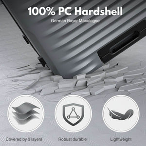 Gray hardshell suitcase with text and icons on a textured gray background