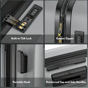 Collage of a suitcase's features including a built-in TSA lock, robust zipper, portable hook, and reinforced top and side handles.