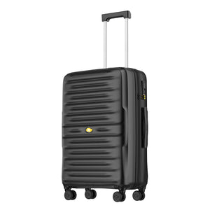 Black suitcase with a visible brand logo on a white background