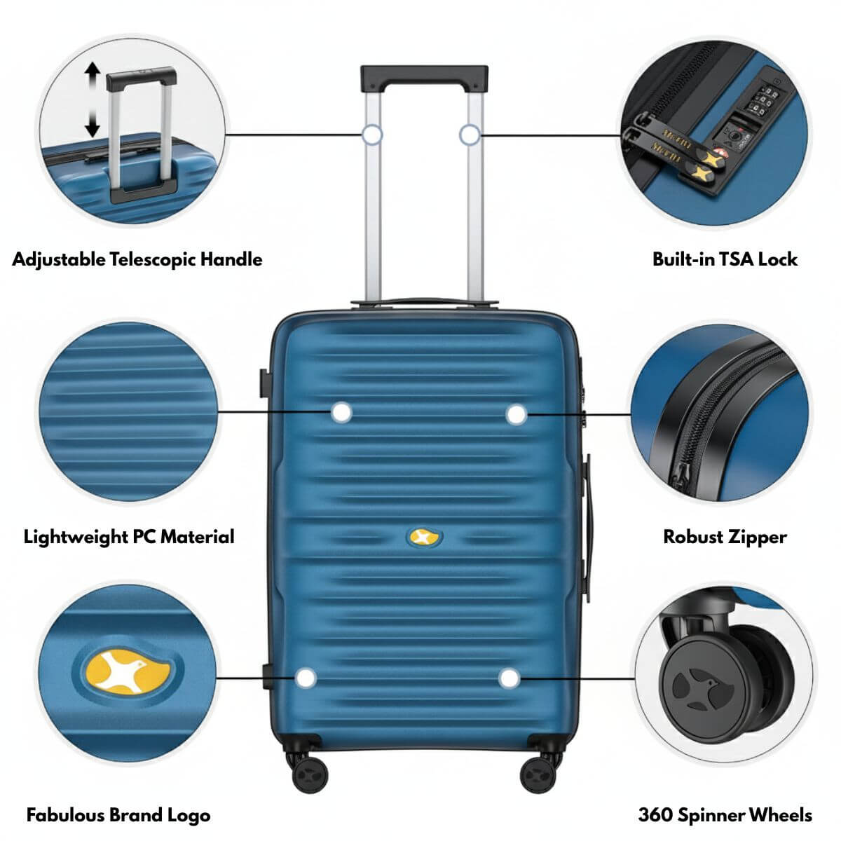 Blue suitcase with features highlighted on a white background