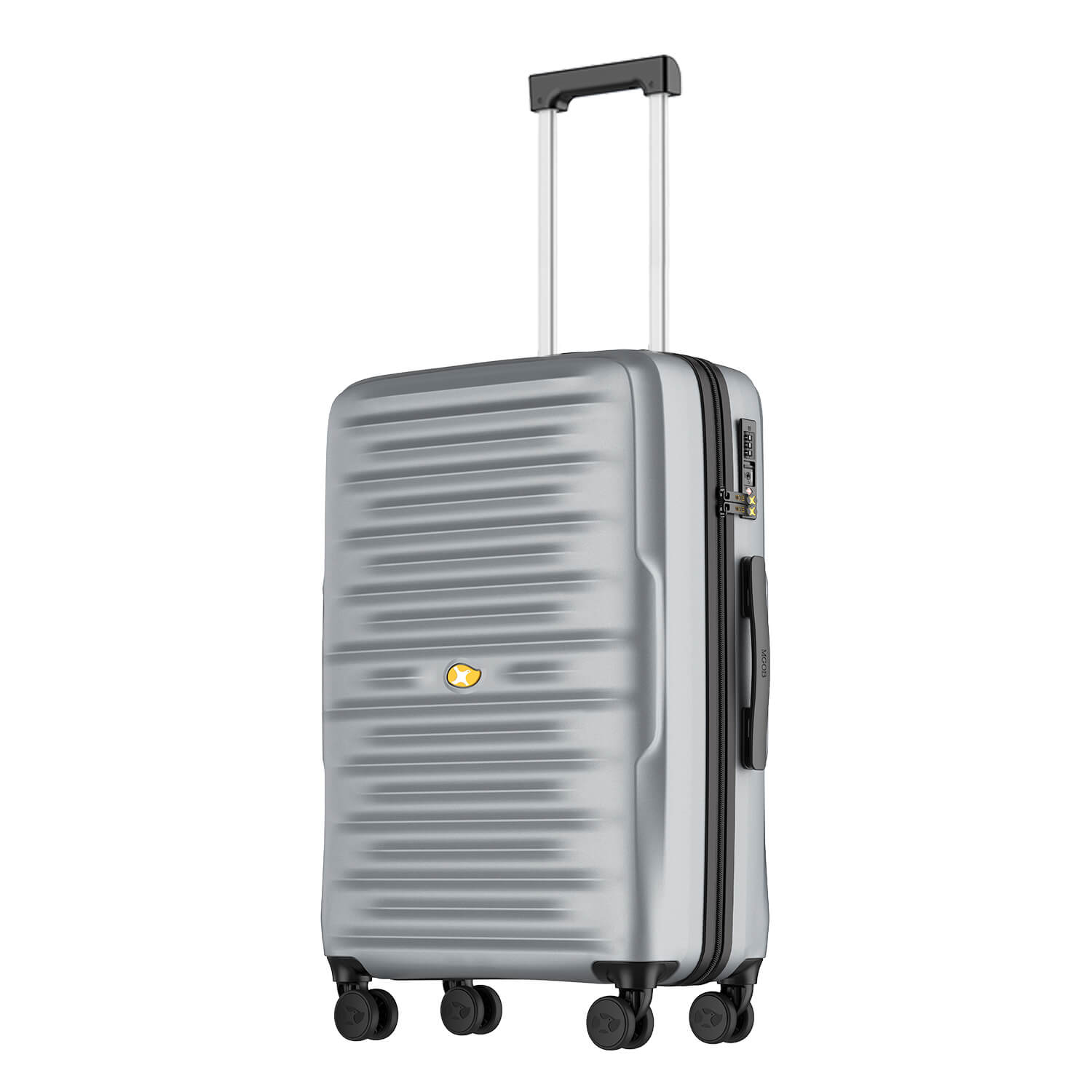 Silver suitcase with black wheels on a white background