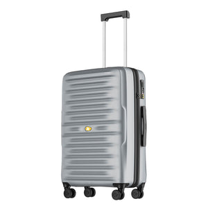 Silver suitcase with black wheels on a white background