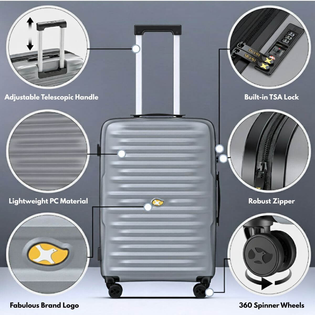 Gray suitcase with features highlighted on a gray background