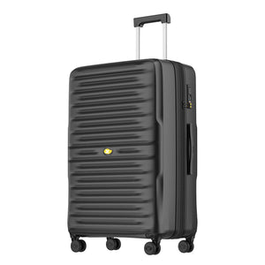 Black suitcase with a visible brand logo on a white background