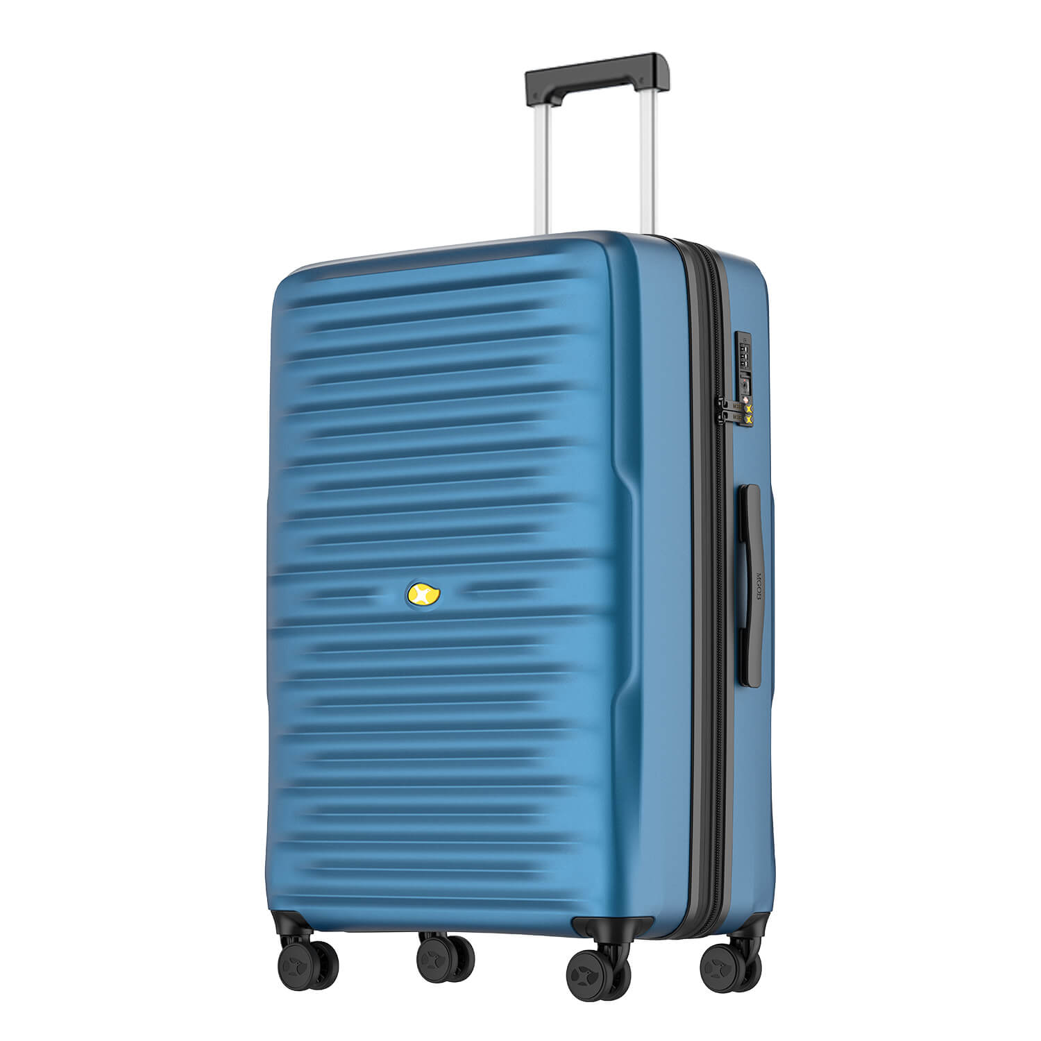 Blue suitcase with a visible brand logo on a white background