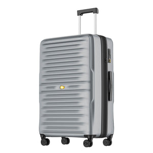 Gray suitcase with a visible brand logo on a white background