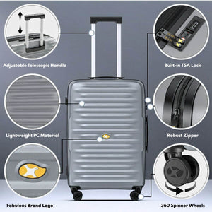 Gray suitcase with features highlighted on a gray background