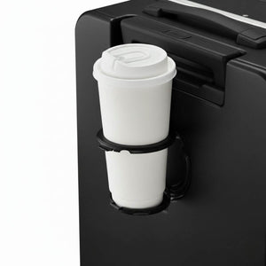 Nordiva Classic black suitcase with built-in cup holder for coffee or drinks