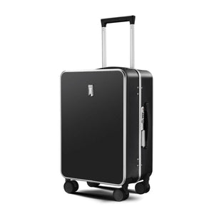 Nordiva Classic black suitcase front angle view showing aluminium frame and spinner wheels