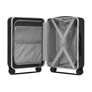 Black suitcase with open lid on a white background