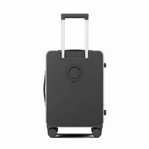 Rear view of Nordiva Classic dark grey suitcase with circular embossed logo