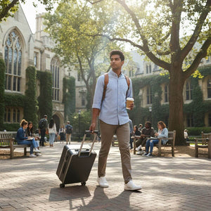 Young traveler walking on university campus carrying Nordiva Classic dark grey suitcase