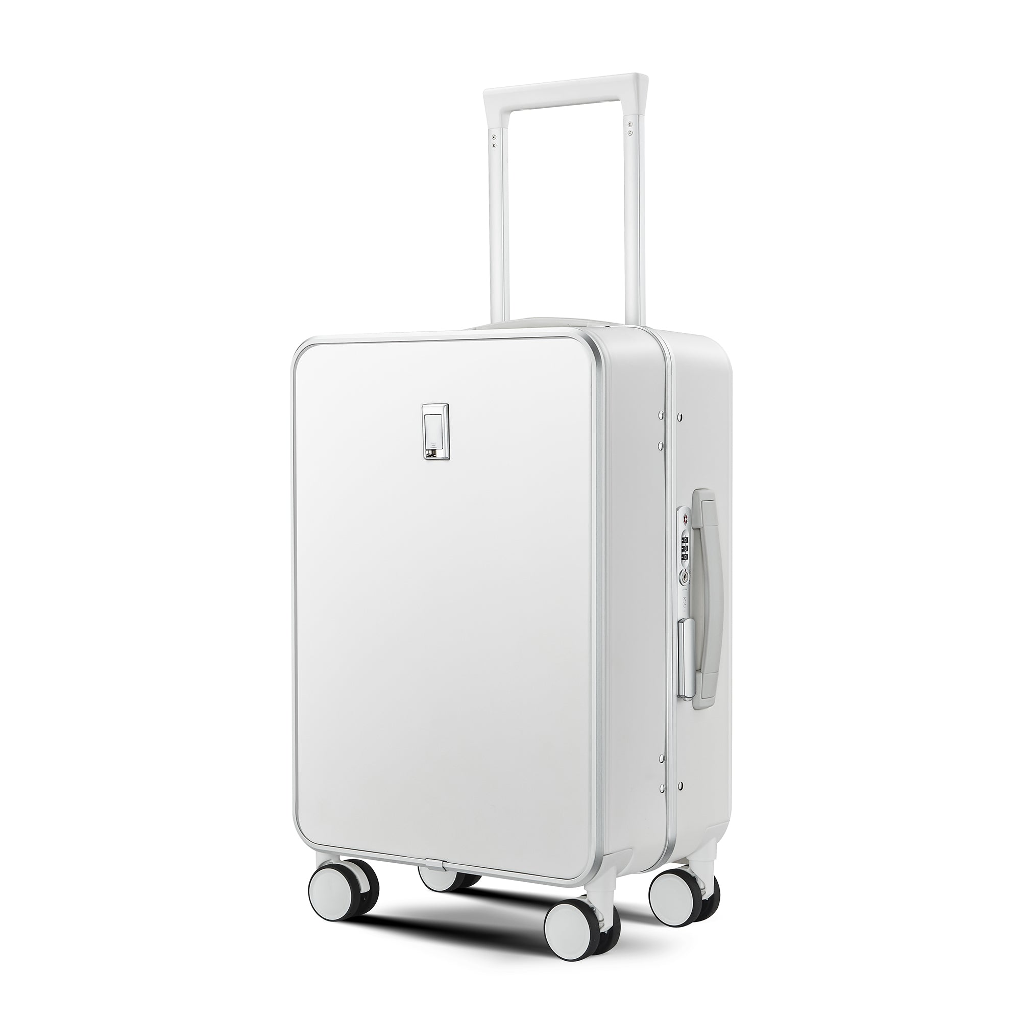 White suitcase with wheels on a white background