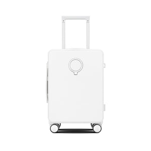 White suitcase with a circular handle on a white background
