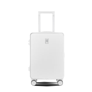 White suitcase with a visible brand logo on a white background