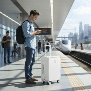 Man with a suitcase at a train station platform, looking at his phone.