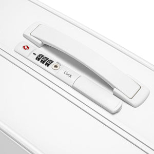 White electronic door lock with keypad on a white background