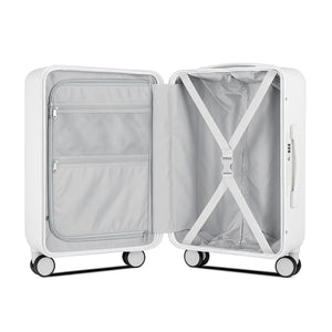 White suitcase with open door on a white background