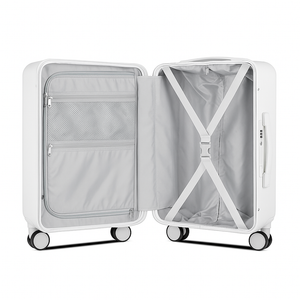 White suitcase with open door on a white background