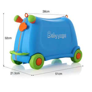 Blue BabyYuga ride-on suitcase with green and orange wheels, shown with dimensions: 32 cm height, 38 cm width, 51 cm length, 21.5 cm depth.