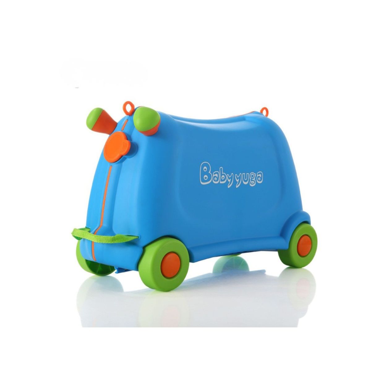 Blue BabyYuga kids’ ride-on suitcase with green wheels and orange accents, designed for sitting, riding, and pulling.