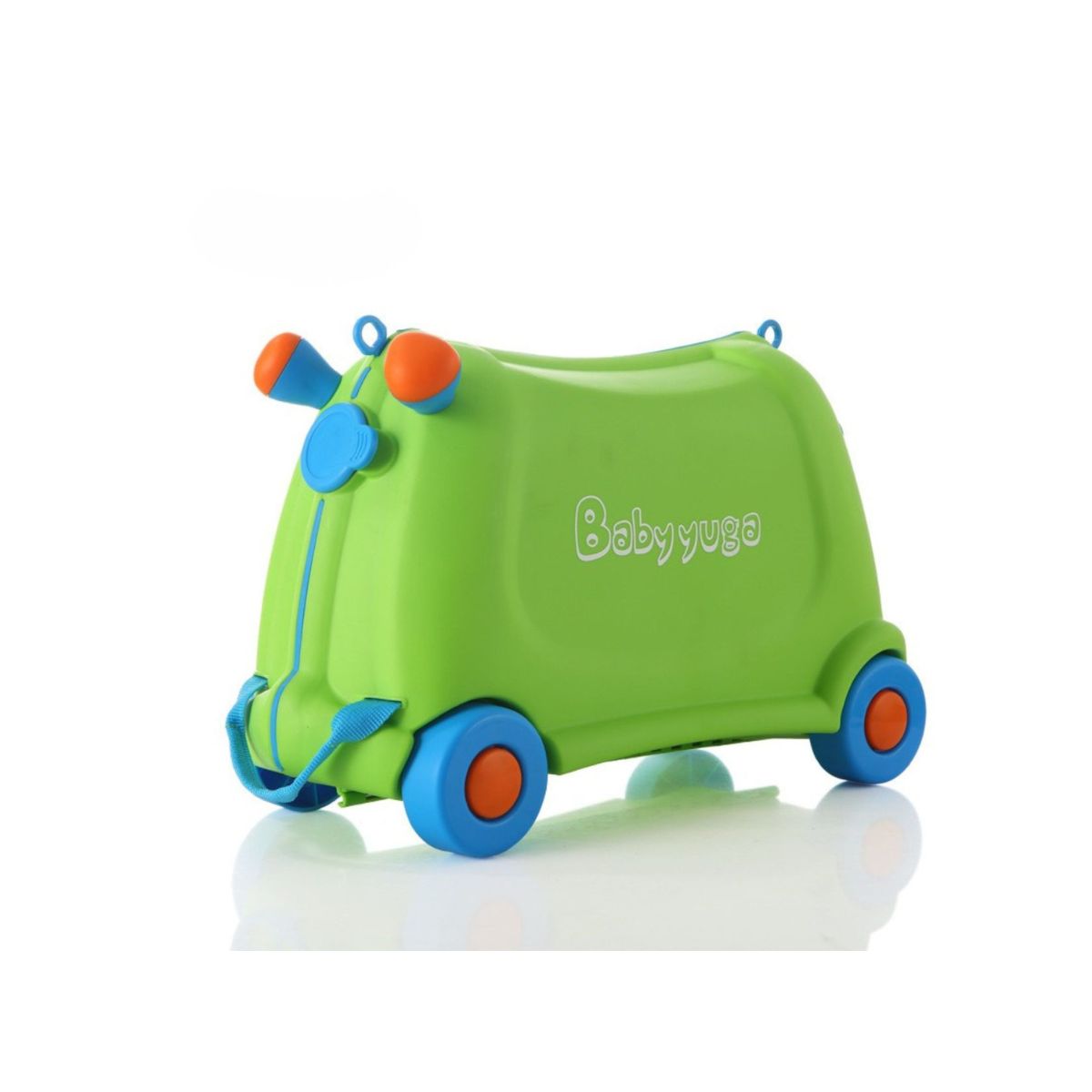 Green and blue kids’ ride-on suitcase with four wheels, pull strap, and playful BabyYuga design accents.