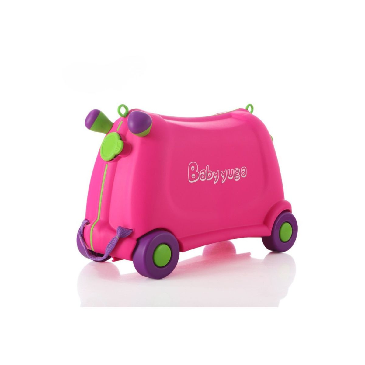 Pink BabyYuga ride-on kids’ suitcase with purple wheels and green accents, shown on a white reflective background.