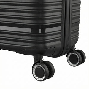 StratoLine suitcase 360-degree spinner wheels close-up on reinforced corner base.