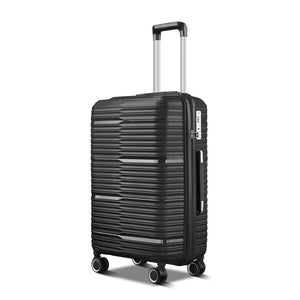 StratoLine black hard-shell suitcase angled front view with telescopic handle and spinner wheels.