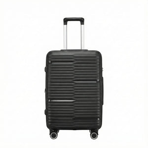 StratoLine black hard-shell suitcase front view showing textured shell design and four spinner wheels.