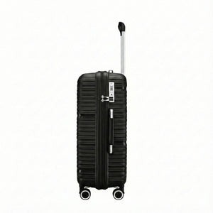 StratoLine black suitcase side view featuring built-in TSA combination lock and dual-zip closure.