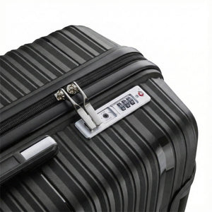 StratoLine suitcase TSA combination lock close-up with dual zipper pullers.