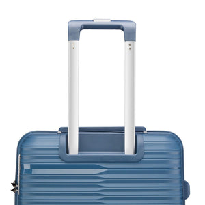 Blue suitcase with a white handle on a white background