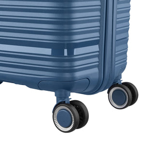 Blue suitcase with wheels on a white background