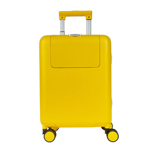 Yellow hard-shell suitcase with a telescopic handle and four wheels, shown from the front with a closed rectangular front compartment.