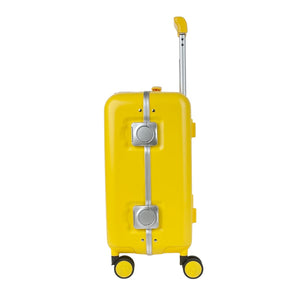 Yellow hard-shell suitcase with a telescopic handle and four wheels, shown from the front with a closed rectangular front compartment.