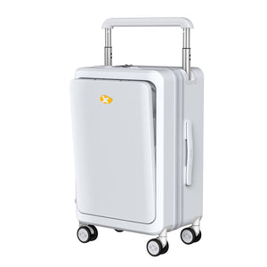 White suitcase with a visible brand logo on a white background