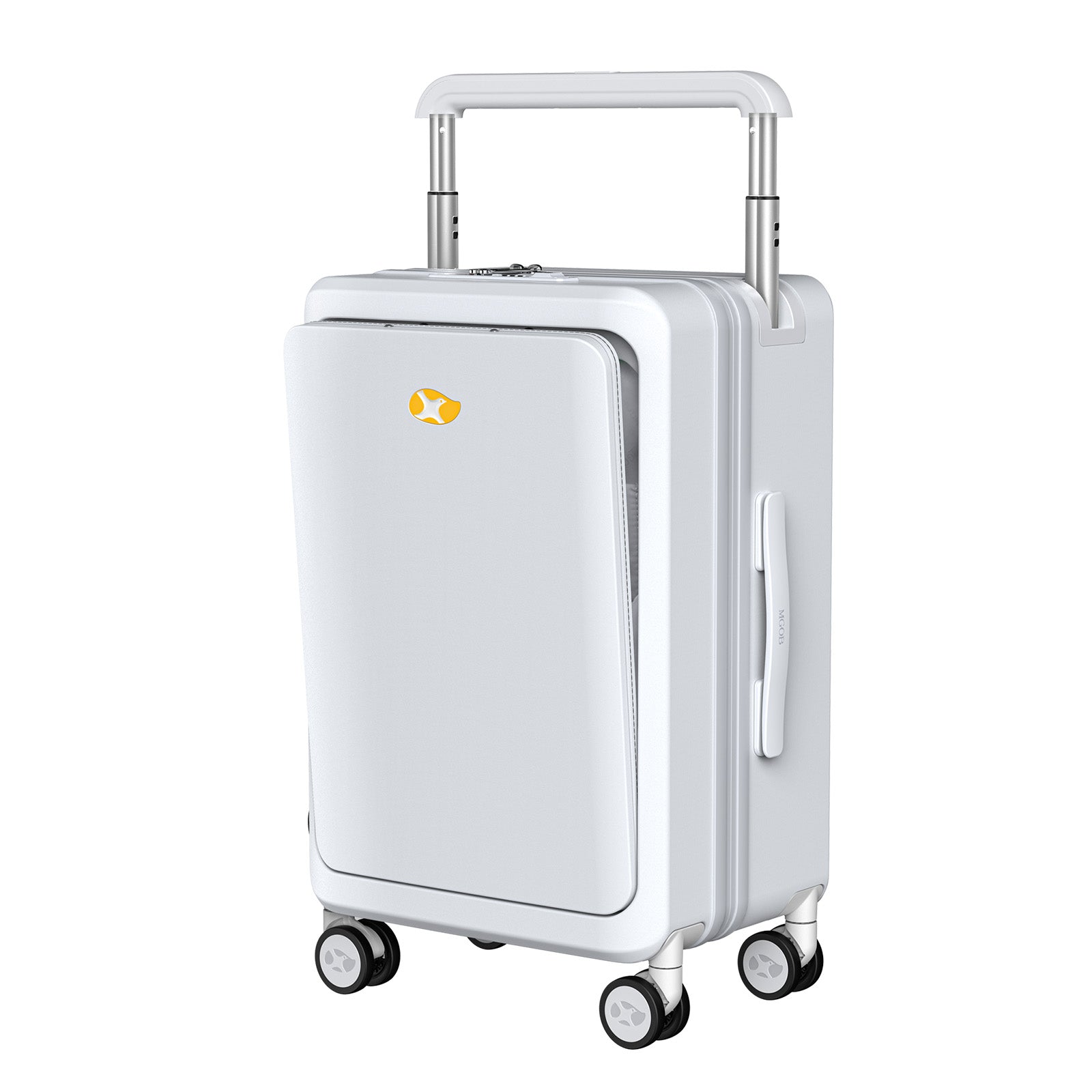 White suitcase with a visible brand logo on a white background