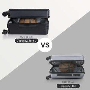 Two suitcases of different colors with a basketball inside, labeled for size and capacity comparison.