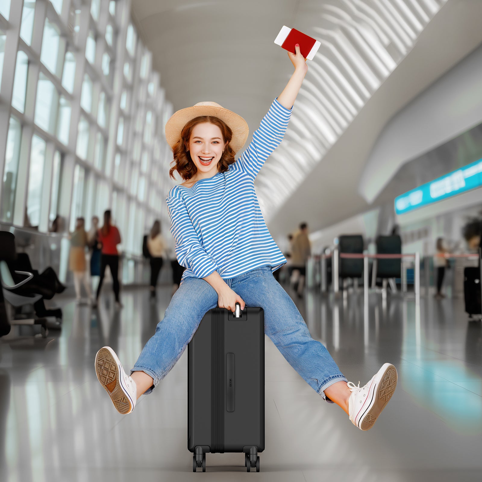 Woman sitting on a suitcase in an airport, holding a red passport