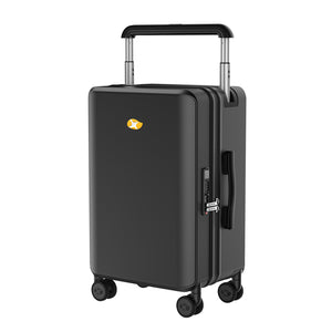 Black suitcase with a visible brand logo on a white background