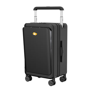 Black suitcase with a visible brand logo on a white background