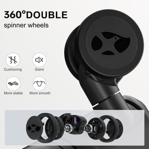 Black spinner wheel with features listed on a white background